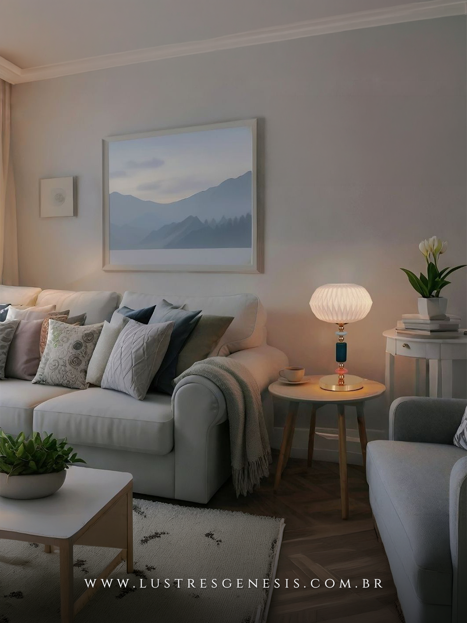 Lumin&aacute;ria de Mesa Abajur Contempor&acirc;neo Branco com Base em Cer&acirc;mica para Quarto e Sala 
